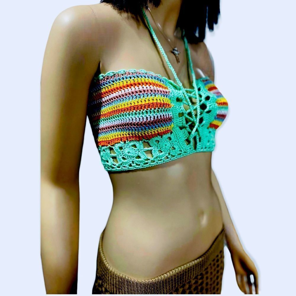 Crochet Multicolor Lace Up Front Tassels Tie Crop Top Handmade -NEW